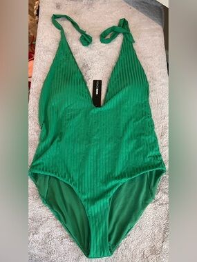 Fashion Nova Green Ribbed One-Piece Swimsuit